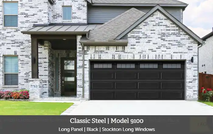 Wayne Dalton Model 9100/9605 black long-panel garage door with Stockton long windows, installed on a modern brick home.