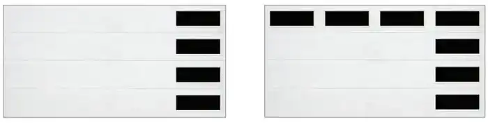Wayne Dalton 9100 & 9605 garage door optional window placement styles, featuring side-stacked and top-row window configurations for a modern look.