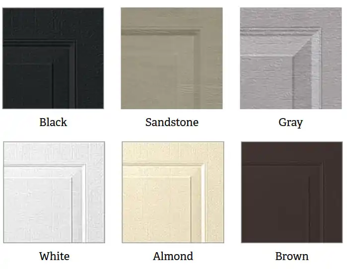 Wayne Dalton 9100 & 9605 garage door color options: Black, Sandstone, Gray, White, Almond, and Brown