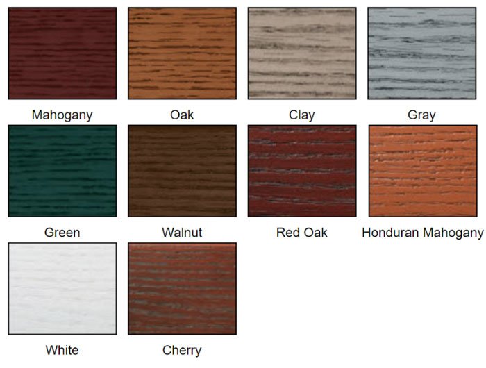 Stained Finishes for 9800 fiberglass garage door: Mahogany, Oak, Clay, Gray, Green, Walnut, Red Oak, Honduran Mahogany, White, Cherry